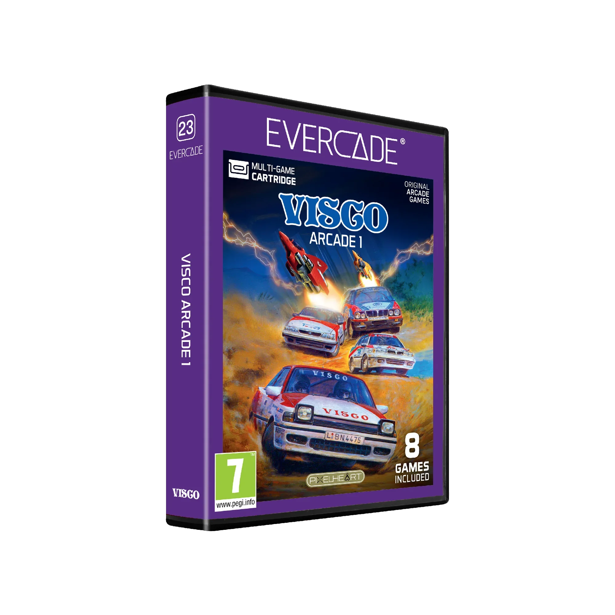 Pudełko gry Visco Arcade 1 z 8 klasycznymi grami arcade, wersja Evercade, ocena PEGI 7