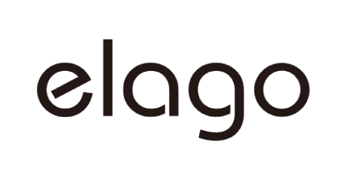 Czarne logo elago na białym tle, akcesoria biurowe, nowoczesny design.