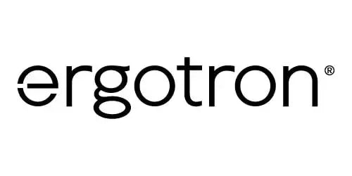 Czarne logo Ergotron na białym tle, ergonomiczne akcesoria biurowe, nowoczesny design