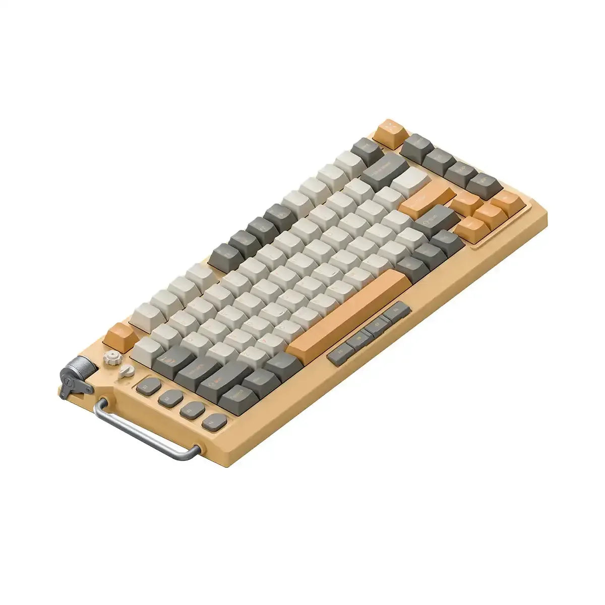 mechaniczna klawiatura biurowa, beżowo-szara z pomarańczowymi klawiszami, ergonomiczny design