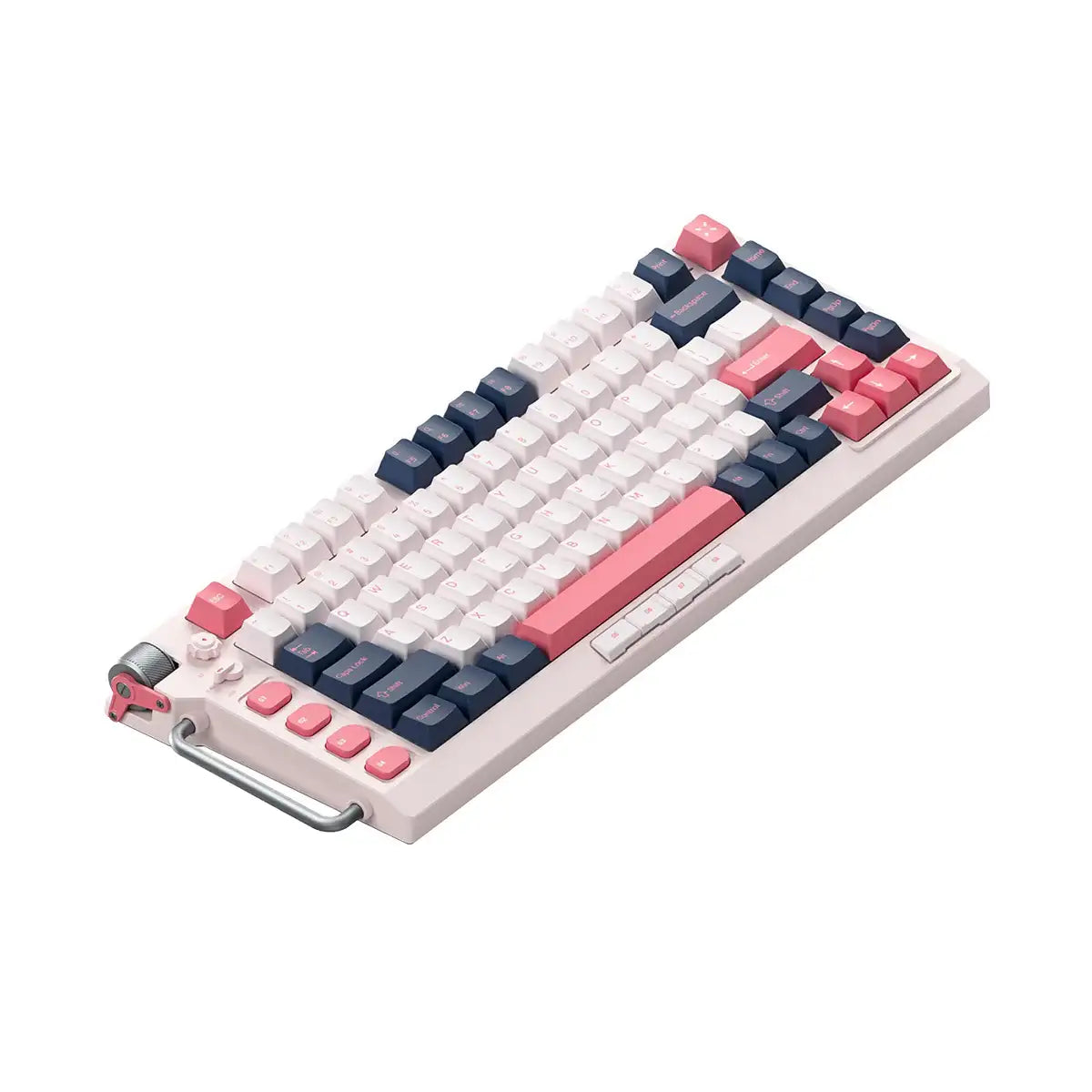 Klawiatura mechaniczna w kolorach białym, różowym i granatowym z metalową rączką