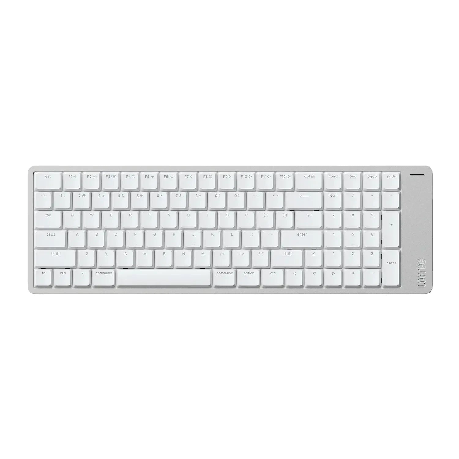 Biała klawiatura mechaniczna z srebrną obudową, idealna do home office i personalizacji