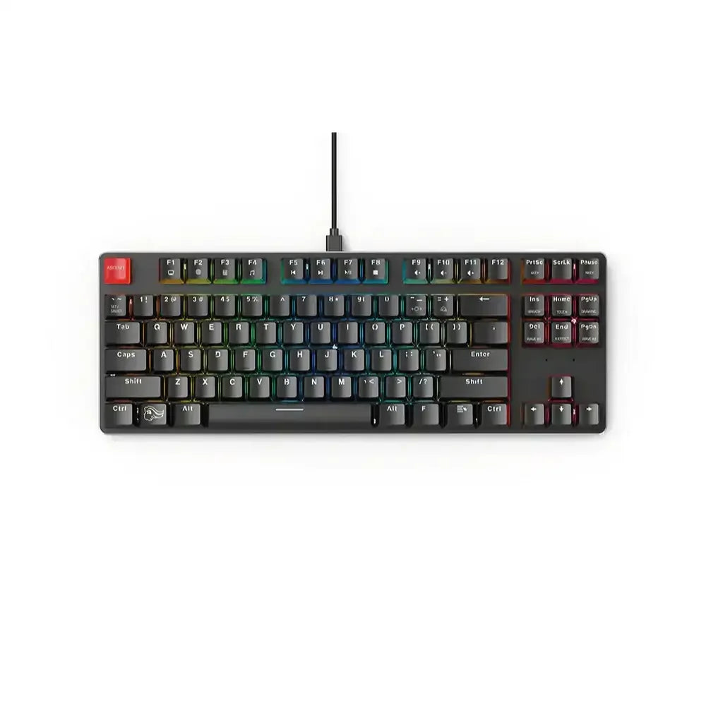Czarna klawiatura mechaniczna TKL z podświetleniem RGB, widok z góry, kompaktowy układ klawiszy.
