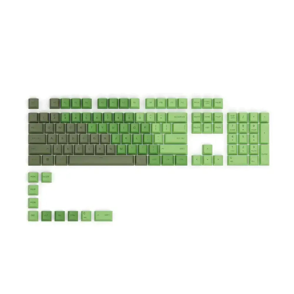 Zestaw zielonych keycapów PBT do klawiatury mechanicznej na białym tle