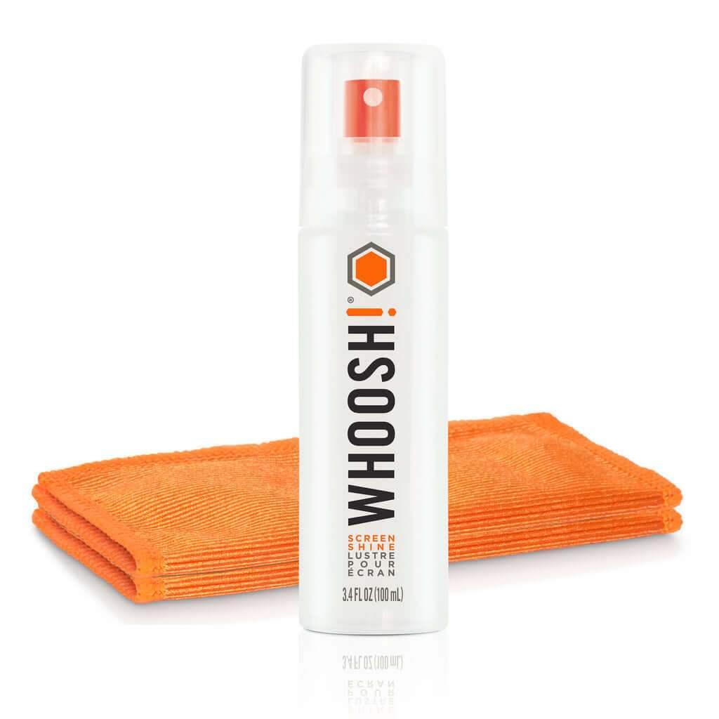 Zestaw do czyszczenia ekranu: spray WHOOSH i pomarańczowa ściereczka mikrofibra