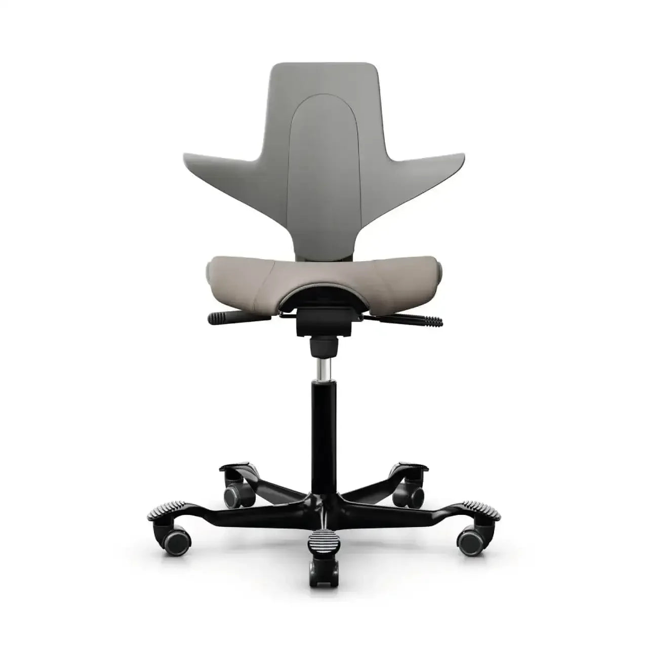 Nowoczesny ergonomiczny fotel biurowy na kółkach w kolorze szarym, idealny do home office.