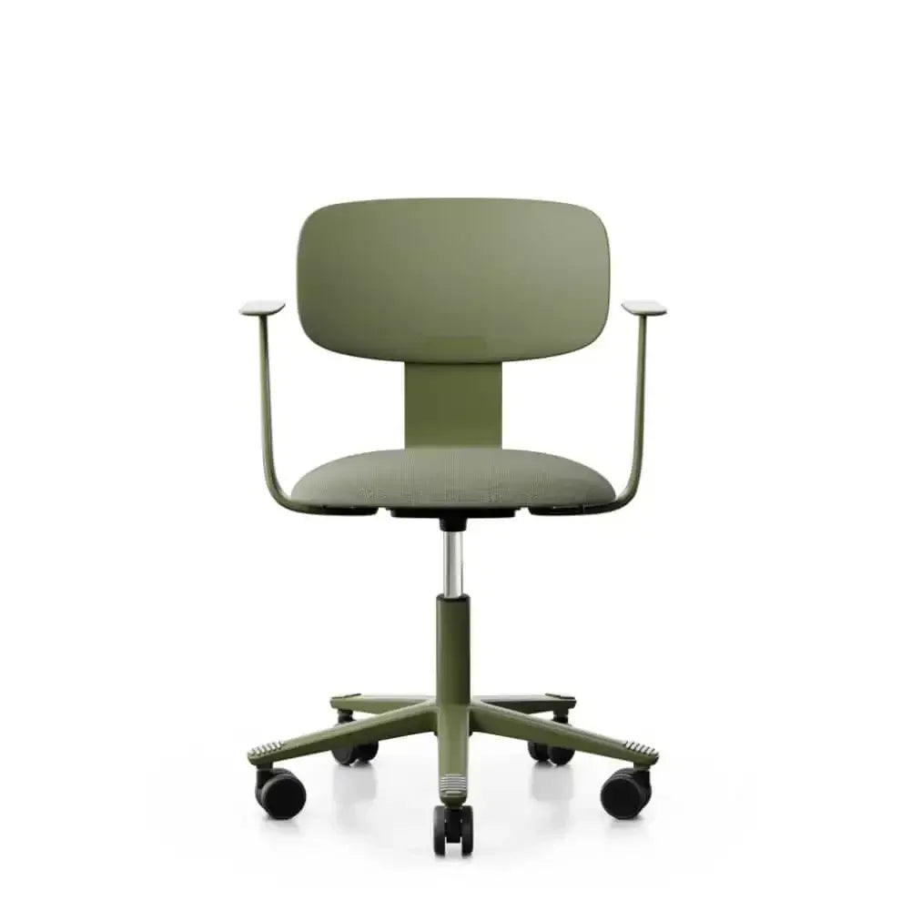 Zielone krzesło biurowe na kółkach, minimalistyczny design, ergonomiczne siedzisko