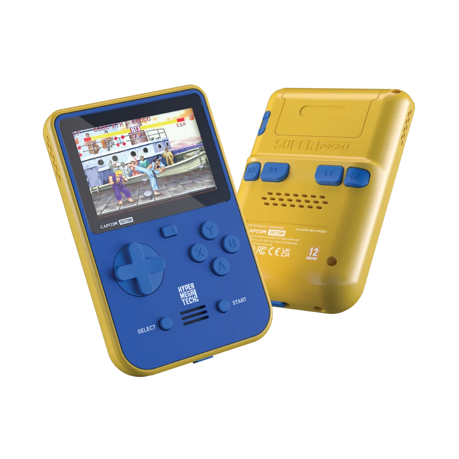 Żółto-niebieska konsola掌机 Super Pocket z grą Capcom, idealna do gier retro i rozrywki w domu