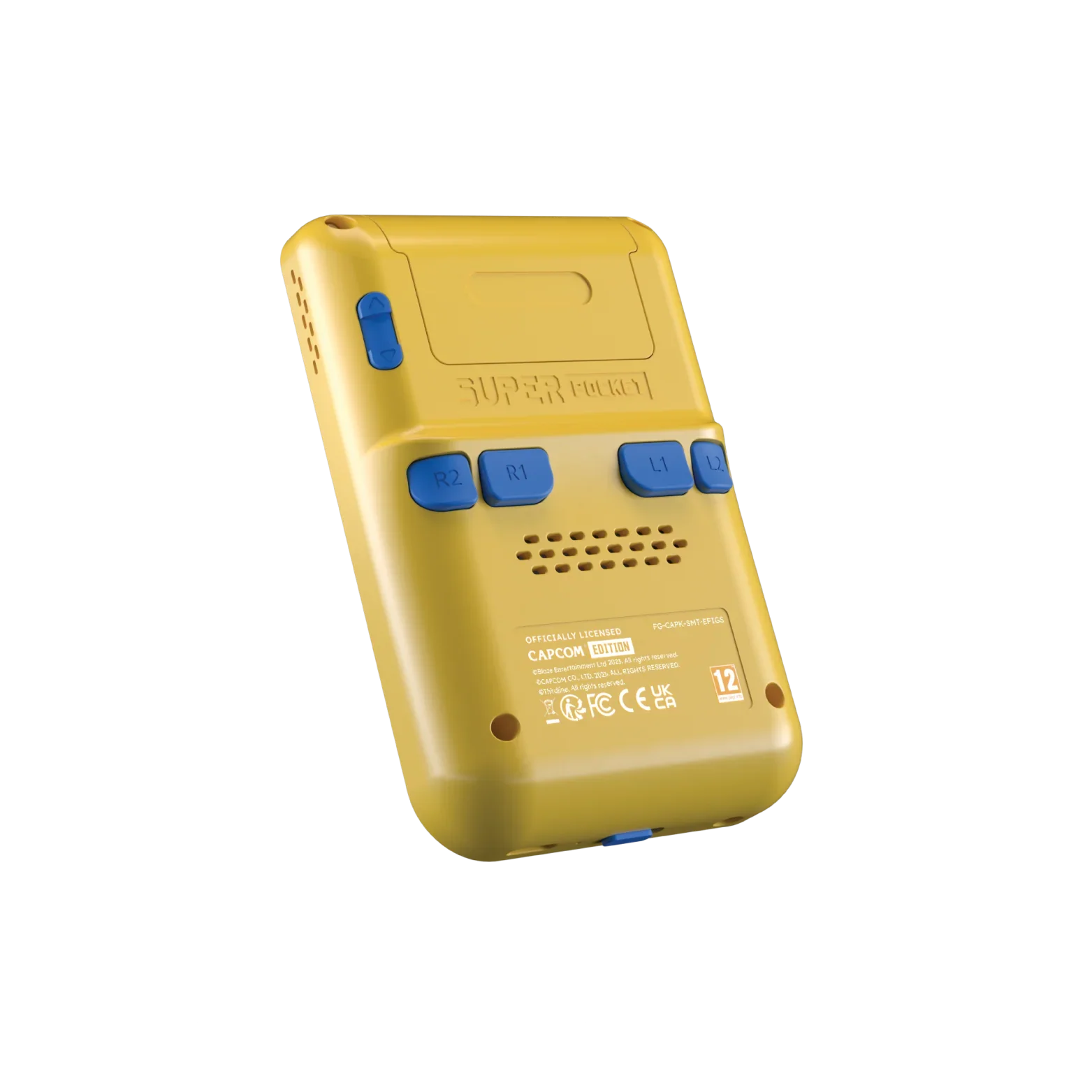 Żółty Super Pocket Capcom Edition z niebieskimi przyciskami R1, R2, L1, L2 i głośnikiem