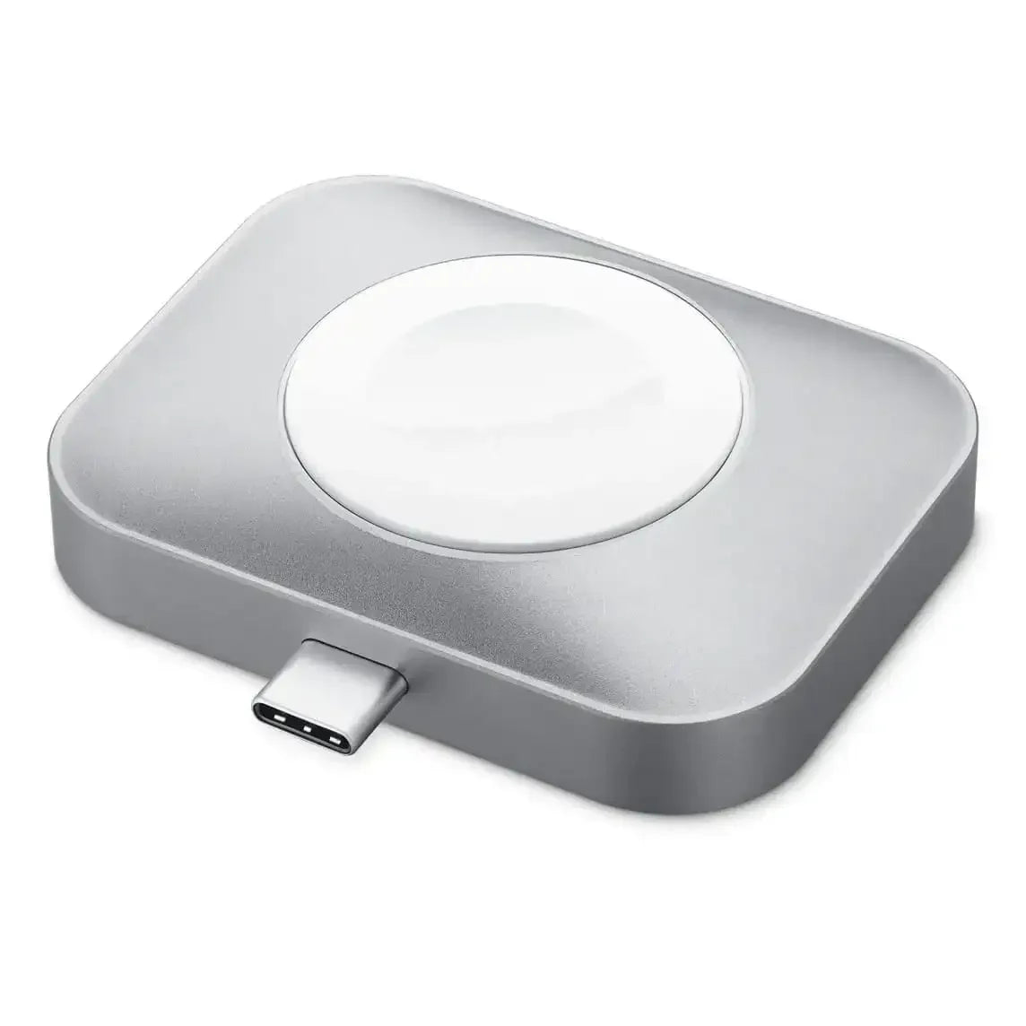 Srebrna ładowarka bezprzewodowa USB-C do smartwatcha, minimalistyczny design, akcesorium biurowe