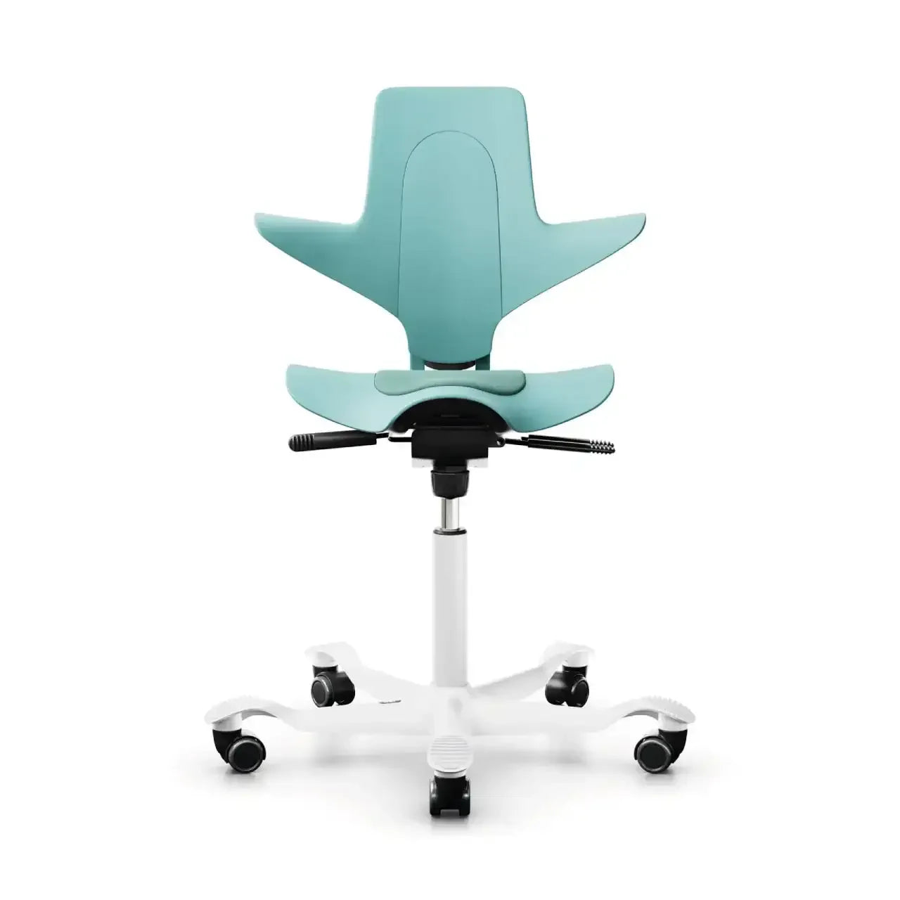 Ergonomiczne krzesło biurowe z niebieskim oparciem i białą podstawą na kółkach