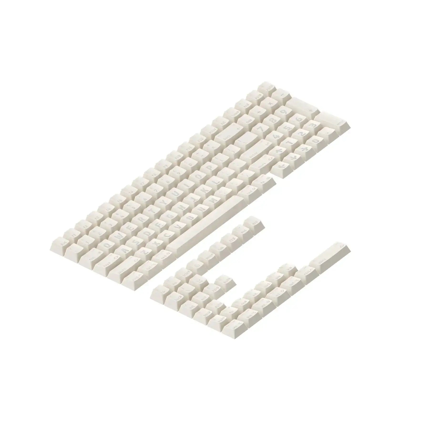 Białe keycapy shine-through do klawiatury mechanicznej, zestaw na białym tle