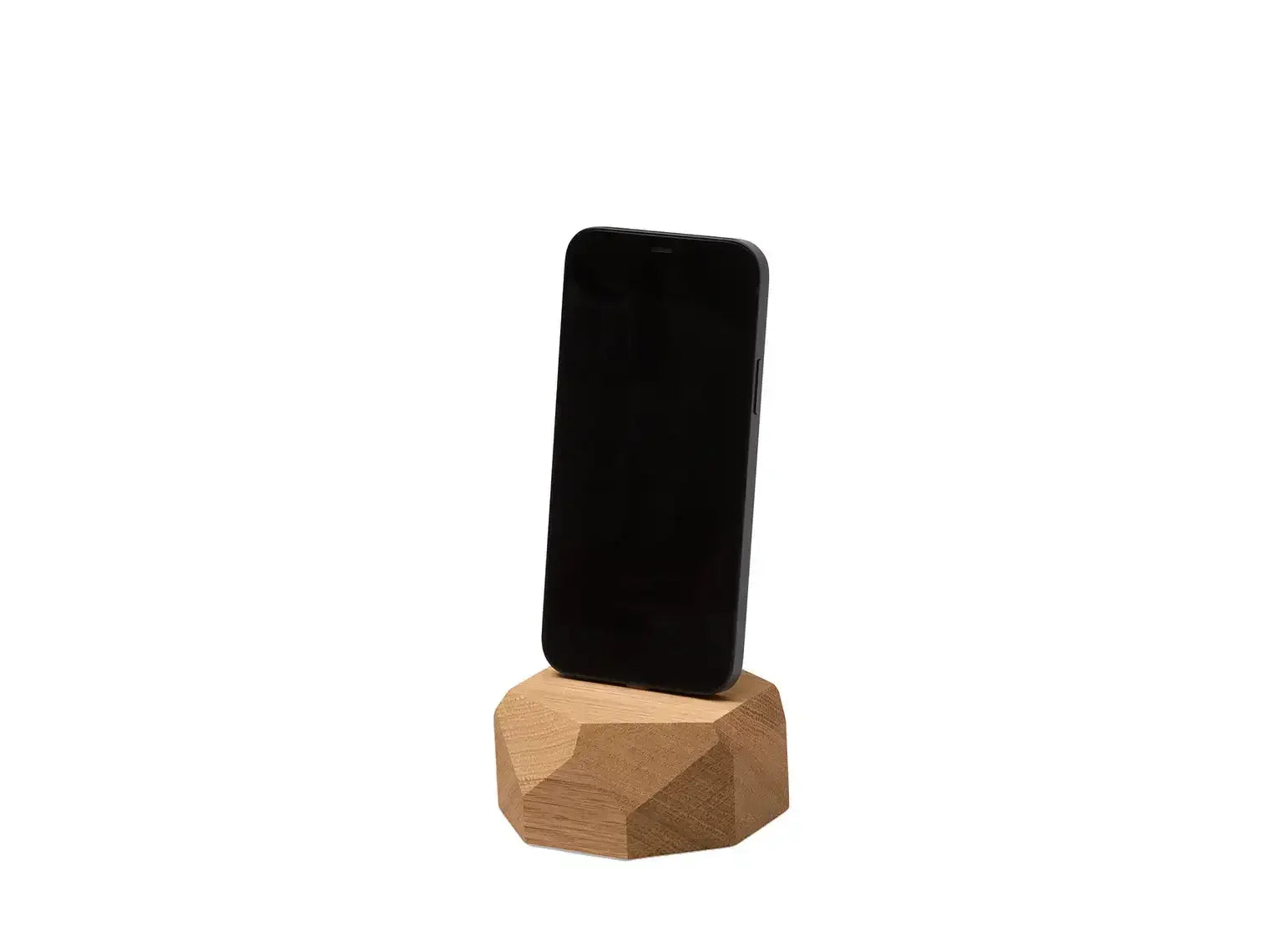 Drewniany stojak na telefon do biurka, geometryczny design, idealny do home office