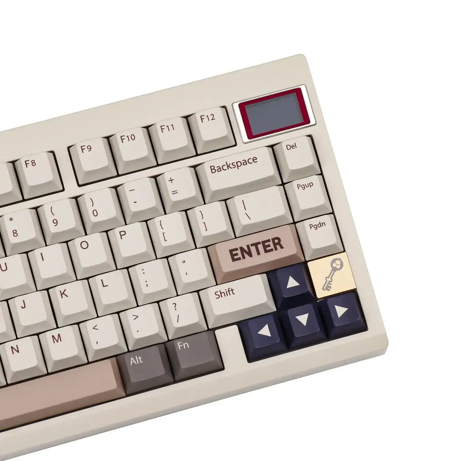 Klawiatura mechaniczna z beżowymi i kolorowymi keycapami, personalizowana do desk setupu