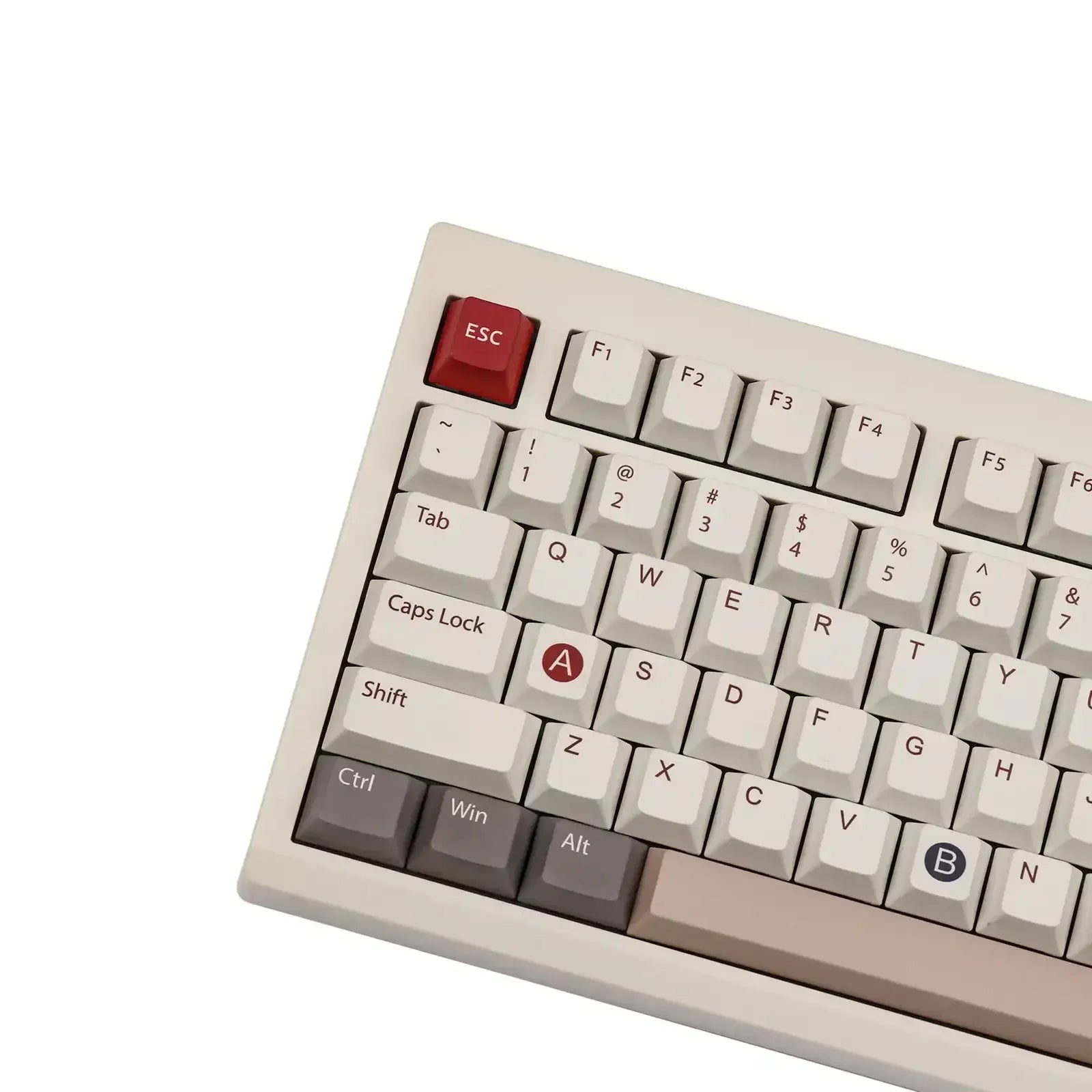 Klawiatura mechaniczna retro z czerwonym klawiszem ESC i stylowymi keycapami na biurko
