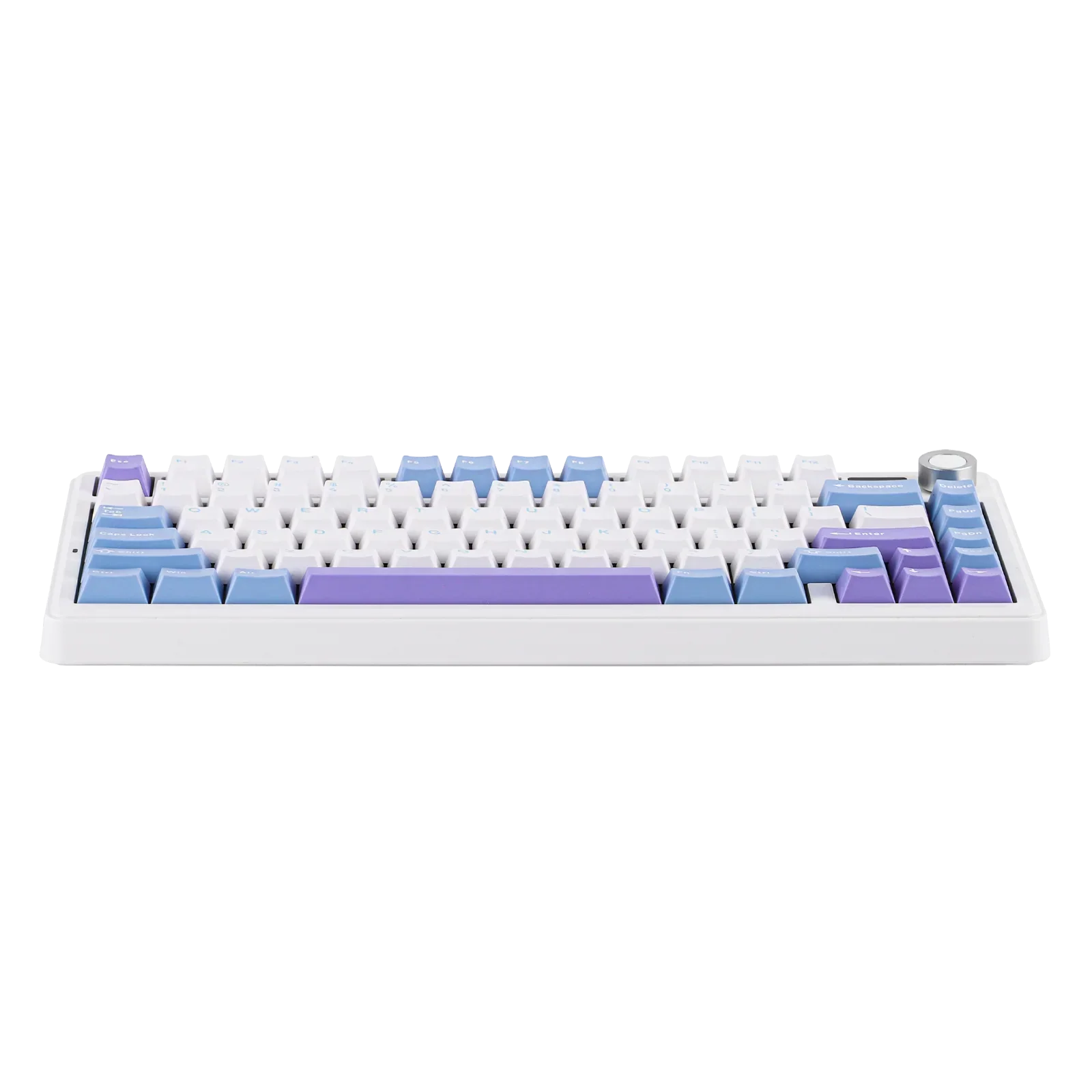 Mechaniczna klawiatura z białymi, niebieskimi i fioletowymi keycapami, idealna do home office i personalizacji desk setupu.