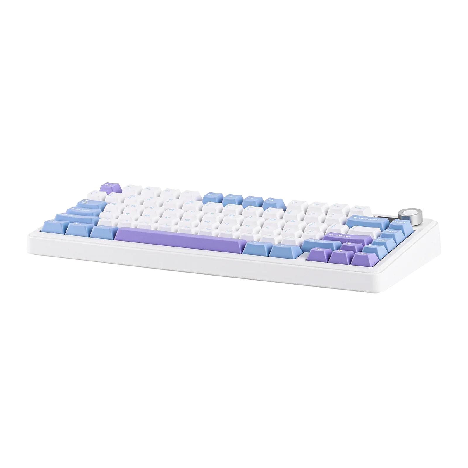 Mechaniczna klawiatura z białymi, niebieskimi i fioletowymi keycapami, idealna do home office i personalizacji desk setupu.