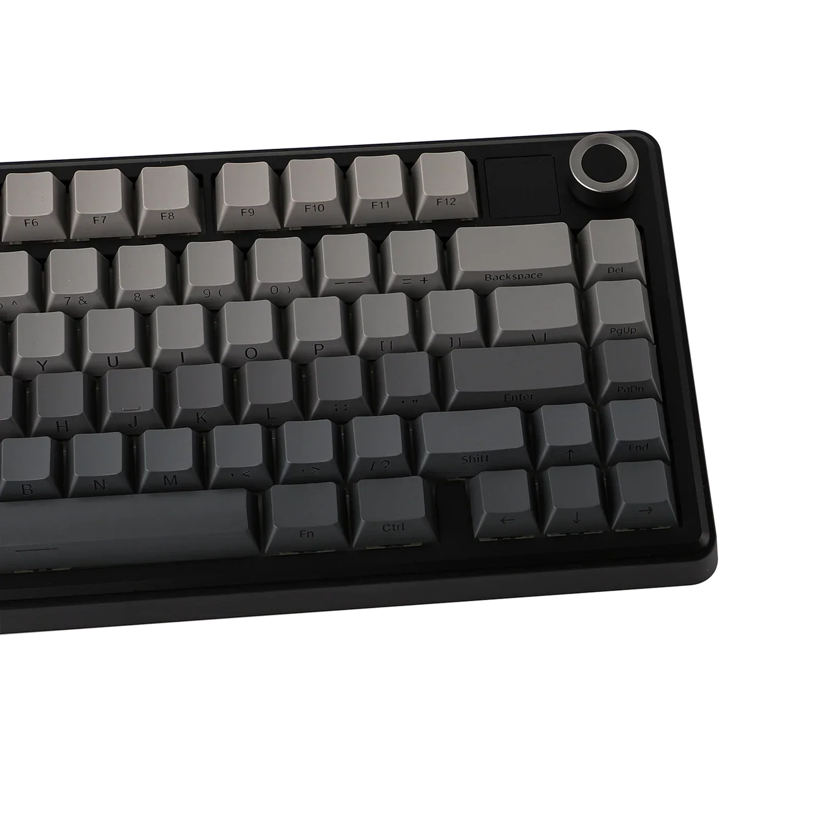 Mechaniczna klawiatura z szarymi keycapami i przyciskiem rotacyjnym, idealna do home office i personalizacji