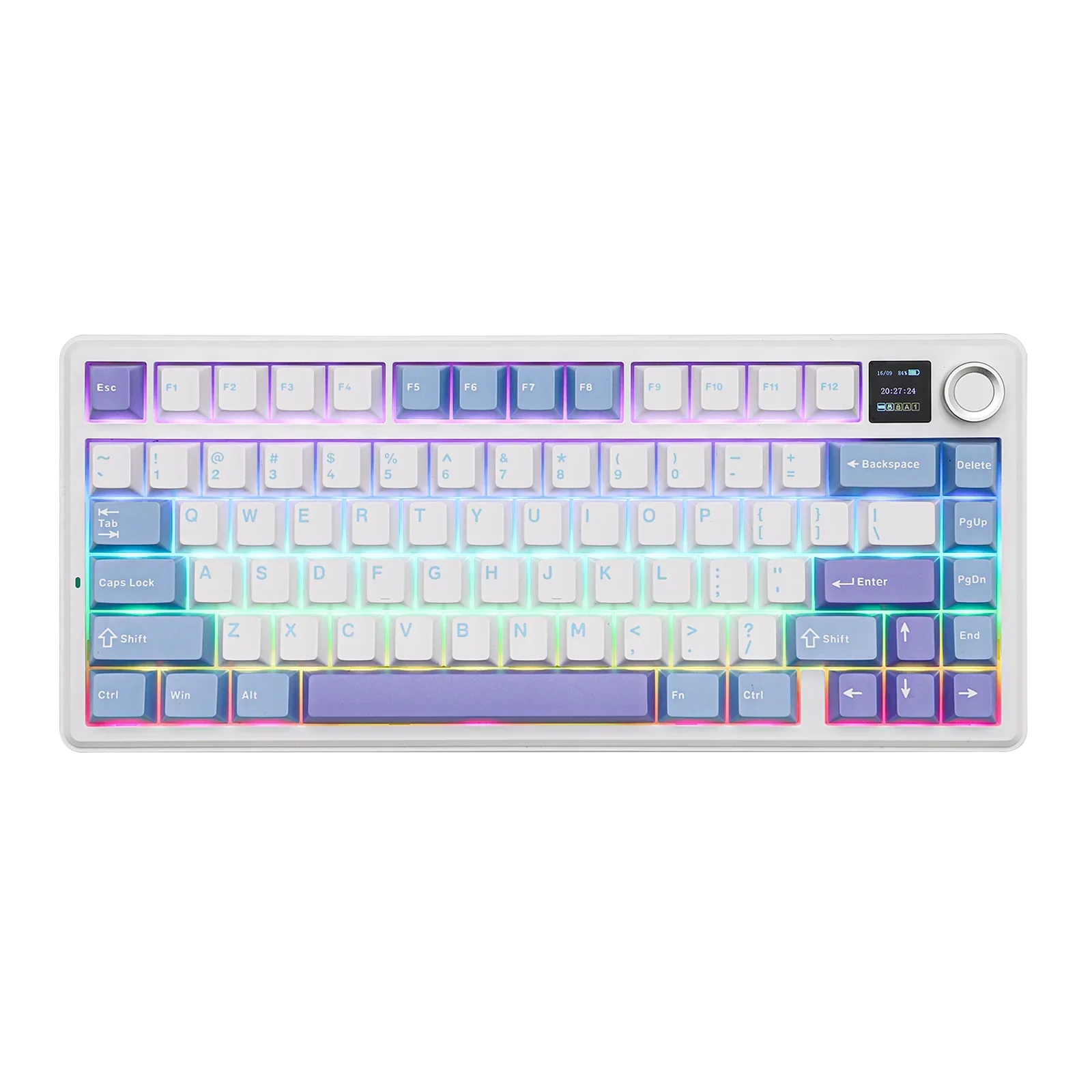 Mechaniczna klawiatura RGB z kolorowym podświetleniem, idealna do home office i personalizacji desk setupu.