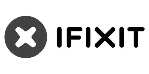 Logo IFIXIT z białym X w czarnym kole, na białym tle, akcesoria biurowe