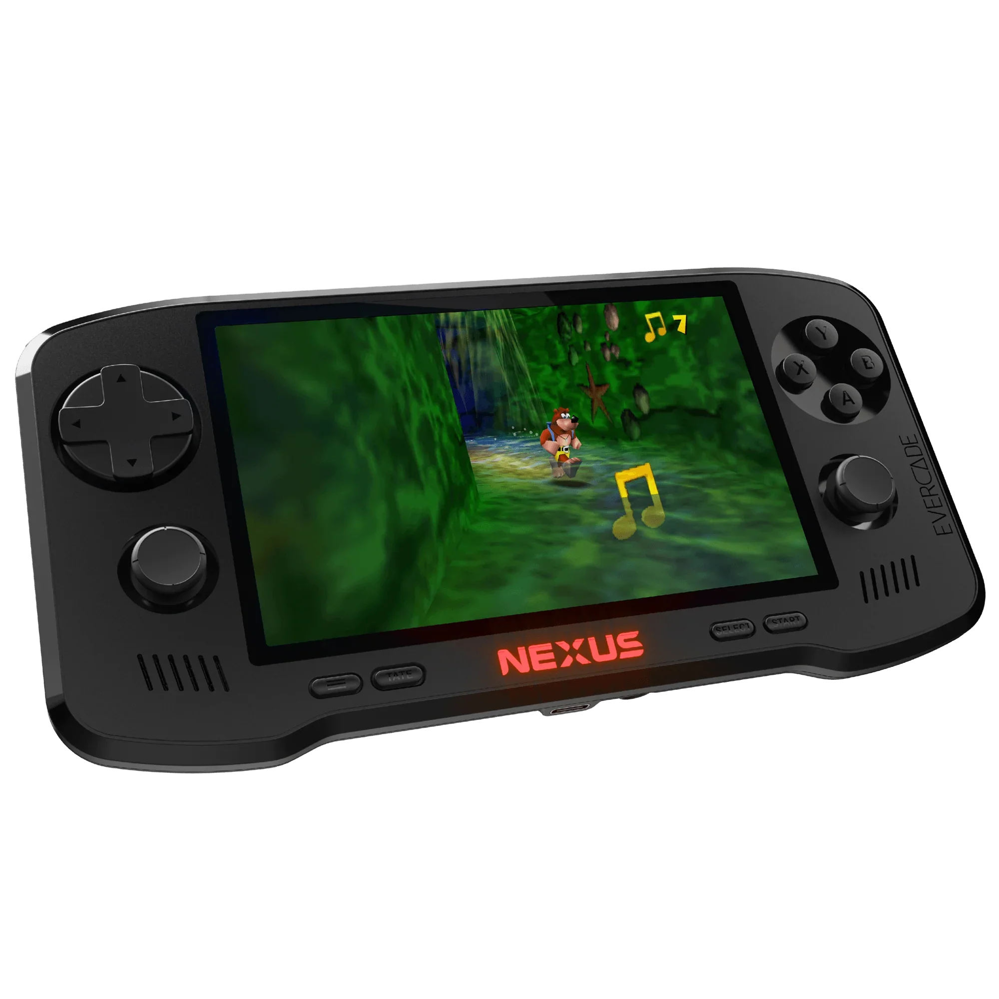 Czarna konsola przenośna Nexus z grą na ekranie, idealna dla graczy i fanów retro gamingu