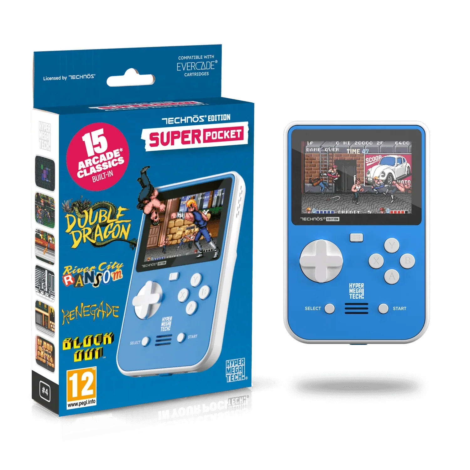 Niebieska konsola Super Pocket Technōs Edition z 15 grami arcade, idealna dla fanów retro gamingu