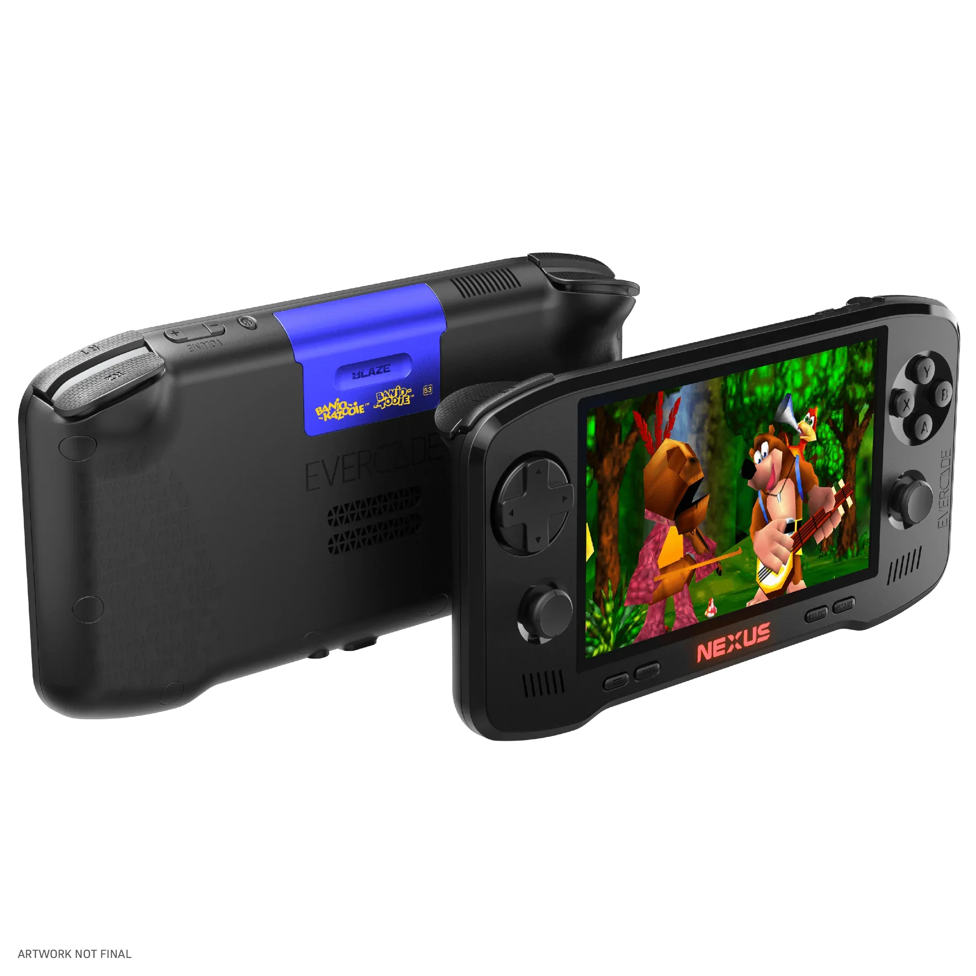 Czarna konsola przenośna Evercade Nexus z grą Banjo-Kazooie na ekranie, idealna dla graczy