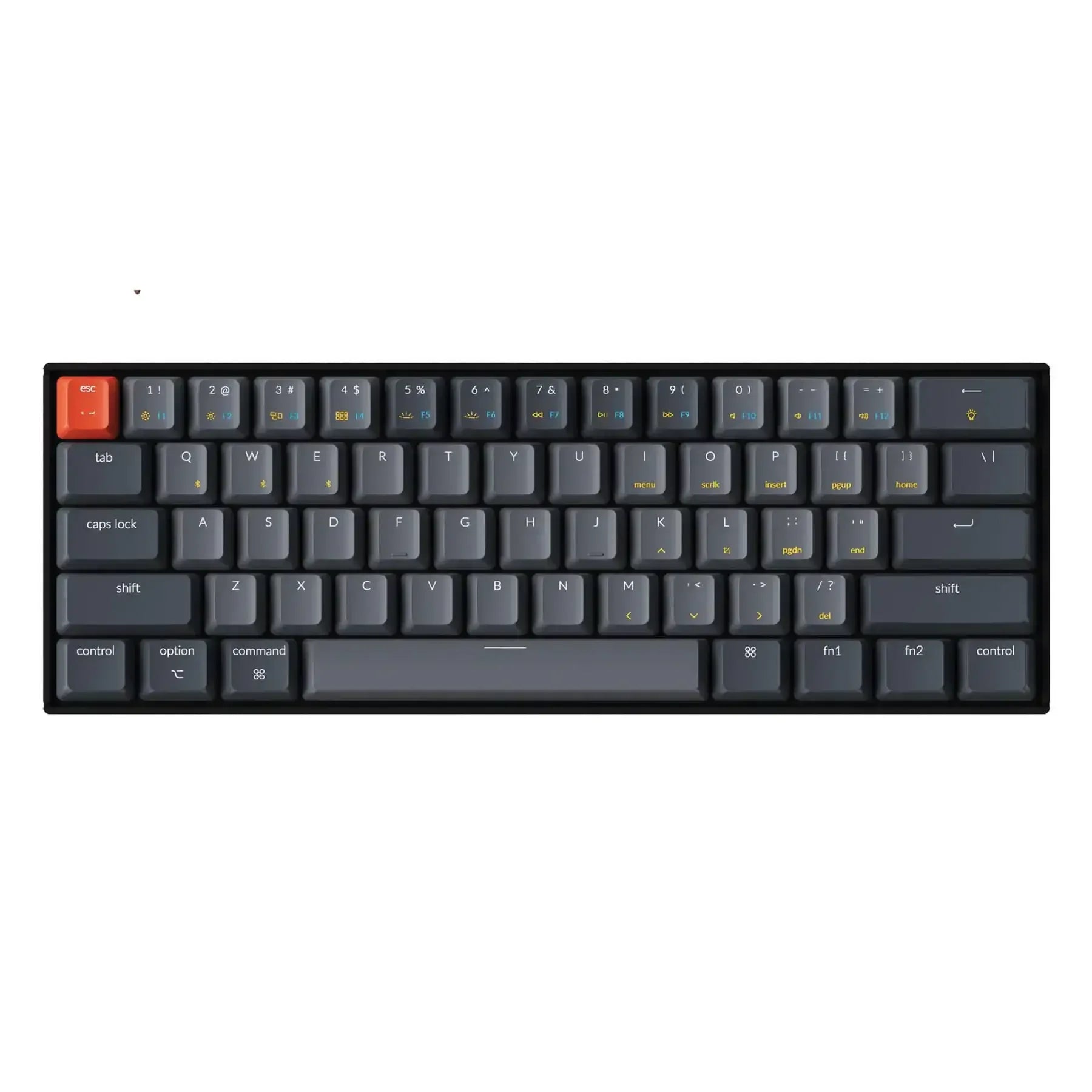 Kompaktowa klawiatura mechaniczna, ciemnoszare keycapy, czerwony klawisz ESC, układ 65%.