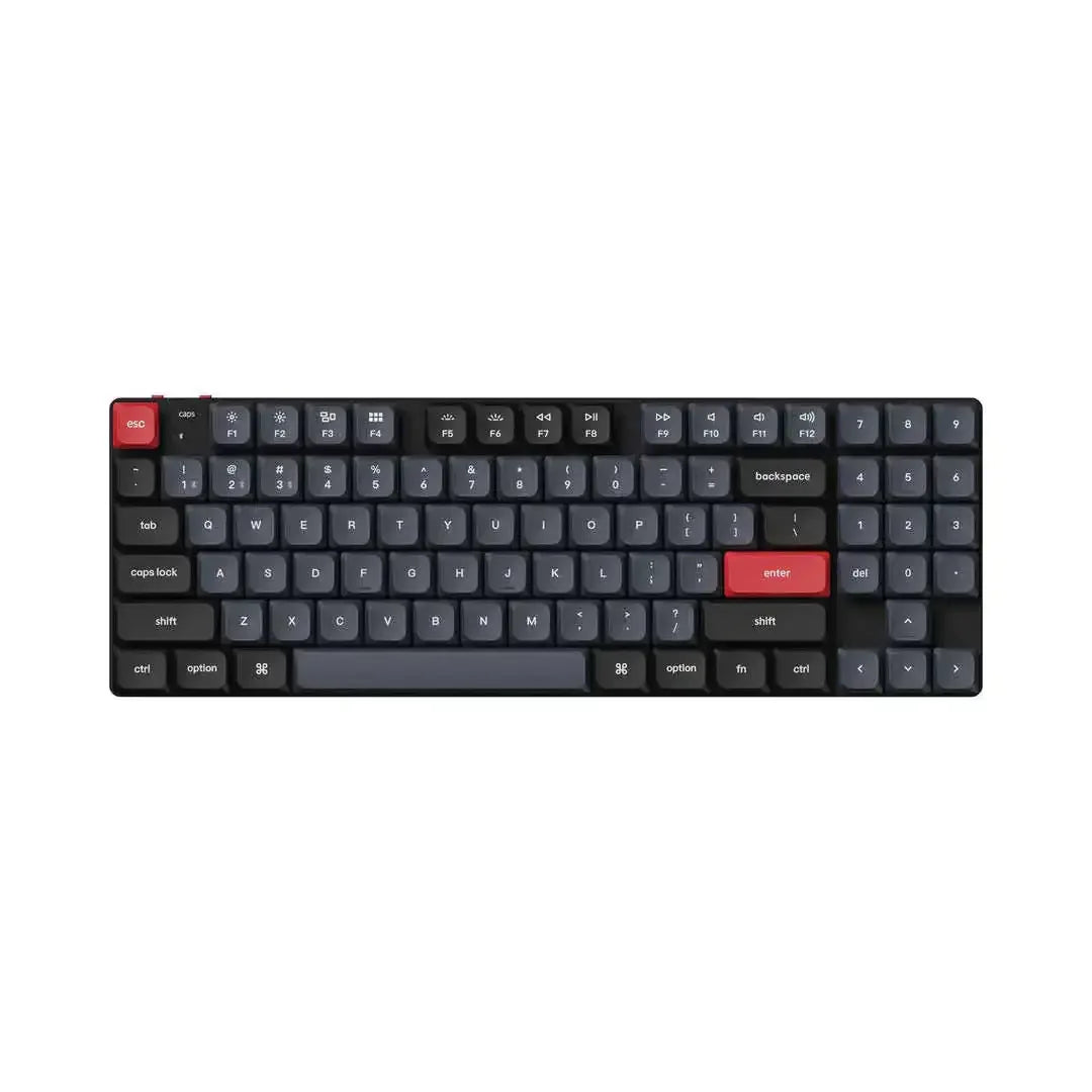 Klawiatura mechaniczna hot swap z ciemnymi i czerwonymi klawiszami, układ ANSI