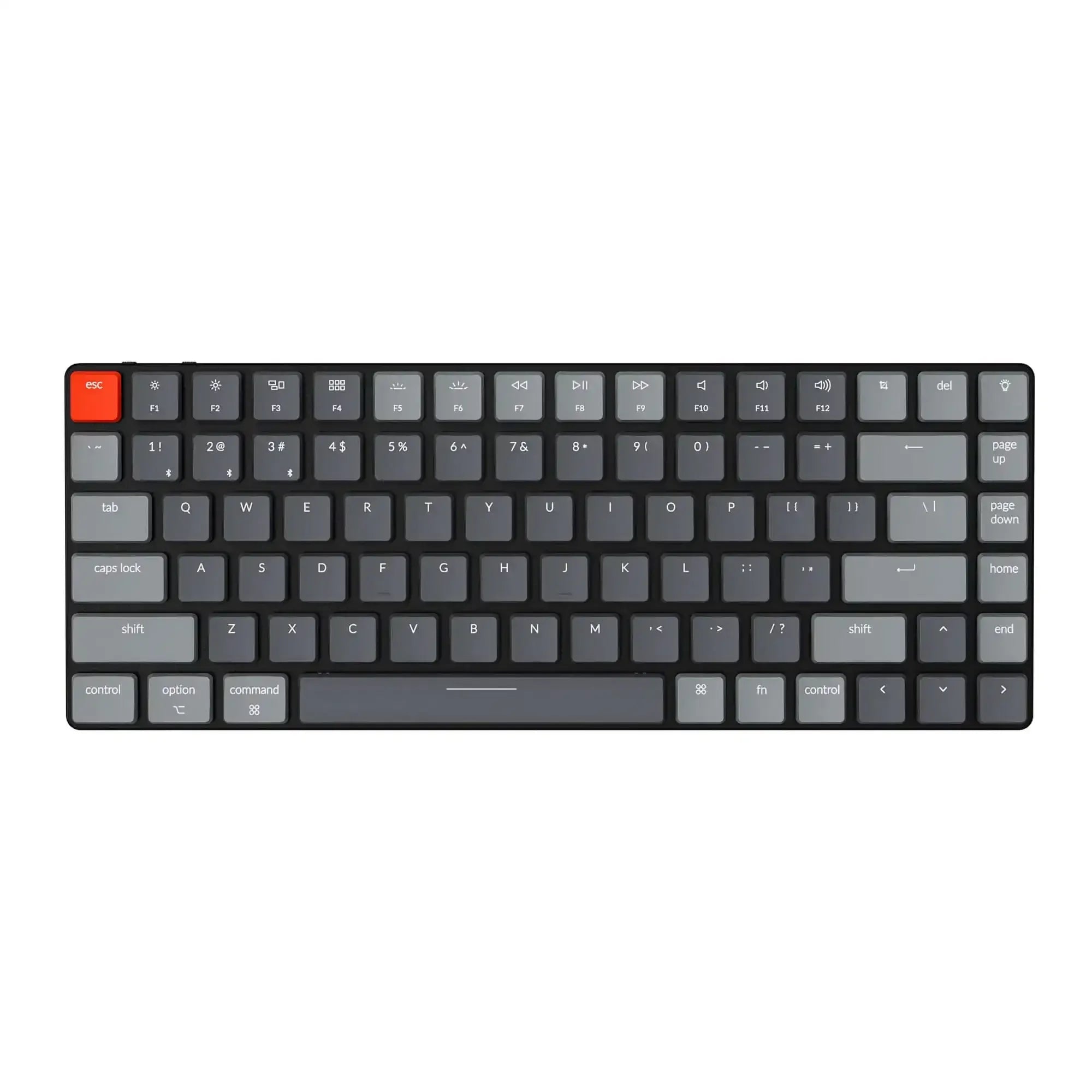 Klawiatura mechaniczna w układzie compact, ciemnoszare keycapy, wyraźny klawisz esc w kolorze czerwonym.