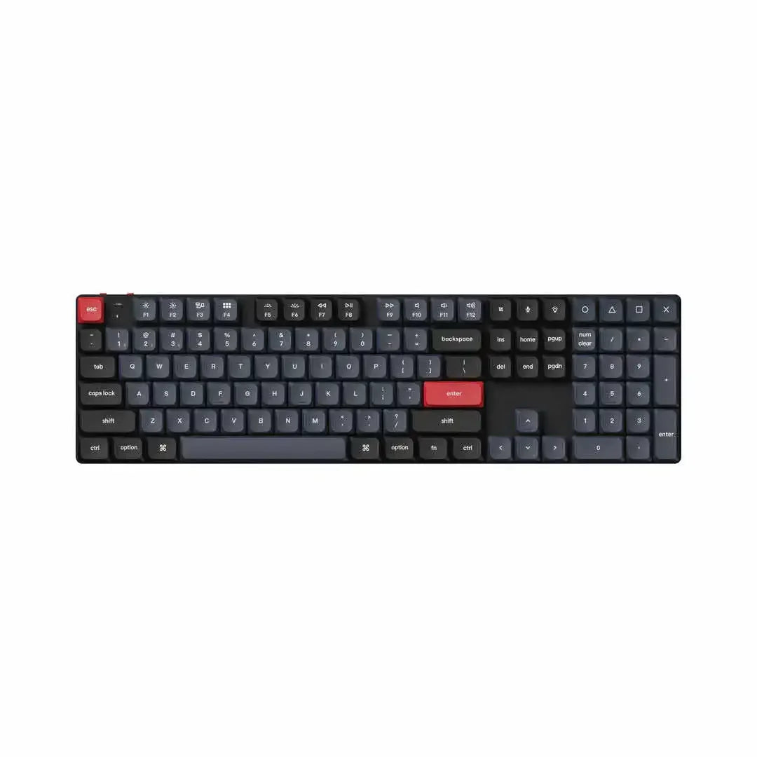 Klawiatura mechaniczna full size hot-swap z ciemnymi keycapami i czerwonymi klawiszami enter i esc