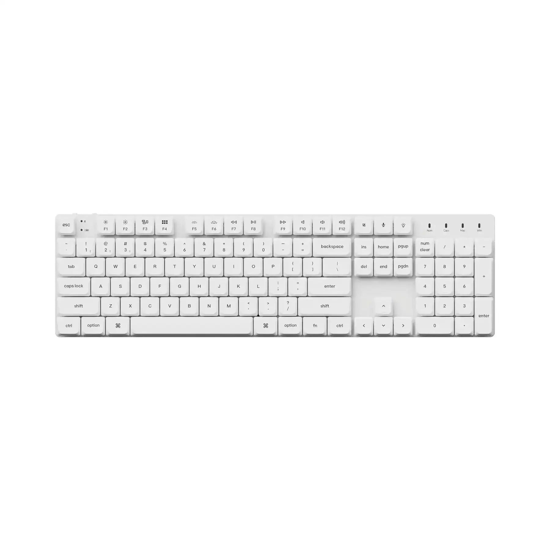Biała klawiatura mechaniczna full-size na biurko, klawisze numeryczne, minimalistyczny design