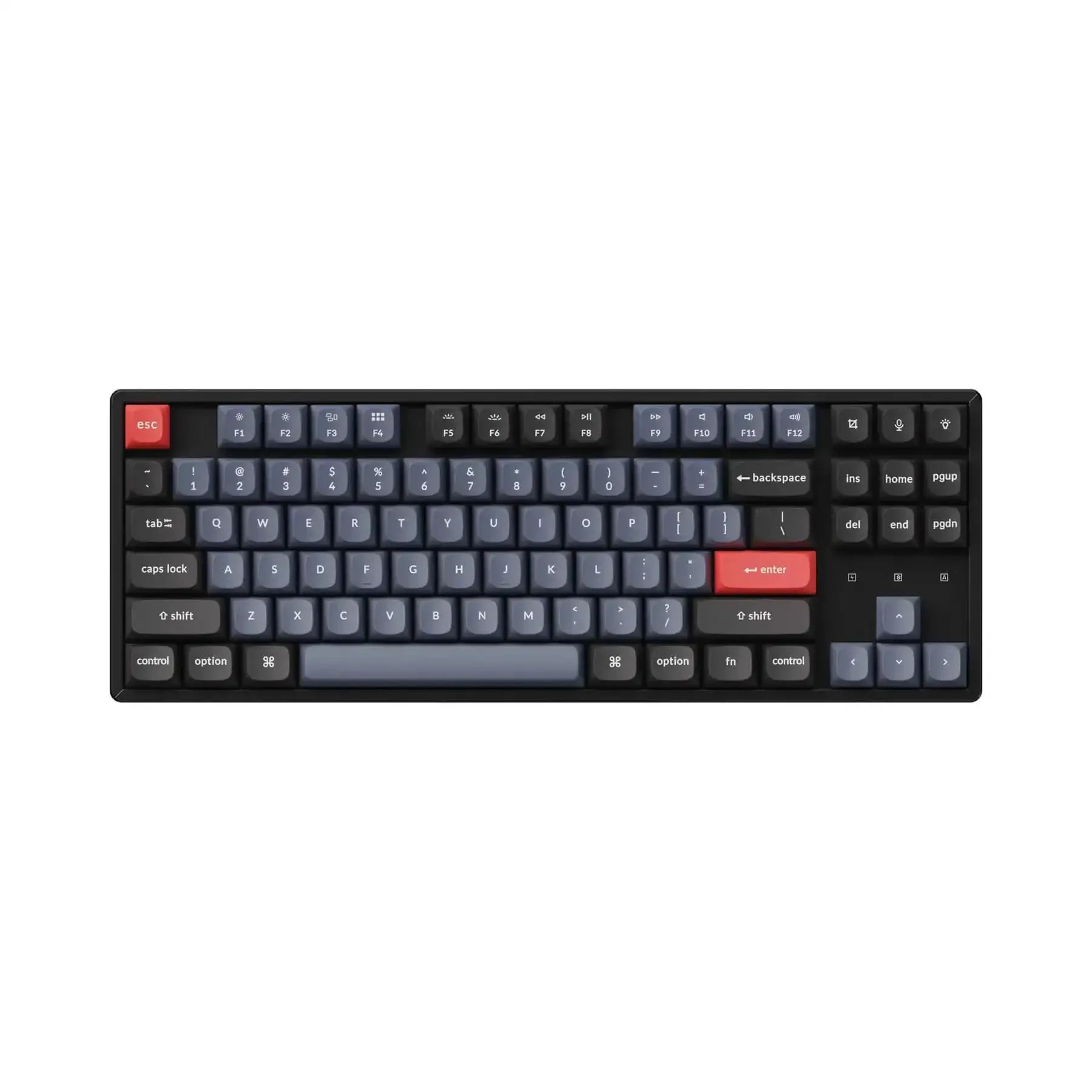 Klawiatura mechaniczna TKL z ciemnymi keycapami i czerwonymi klawiszami enter oraz esc