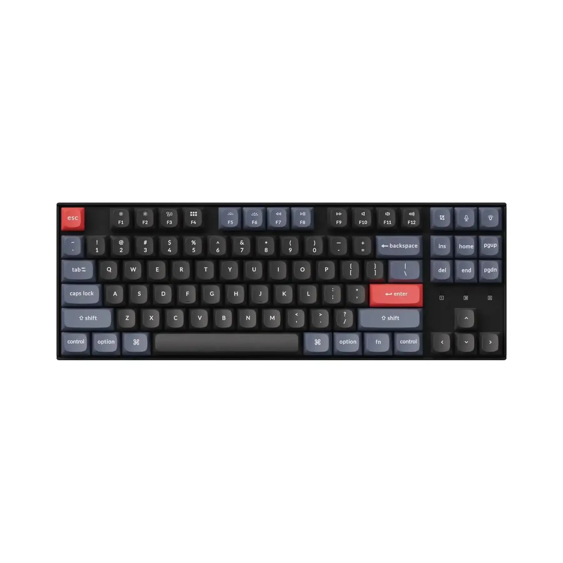 Klawiatura mechaniczna z podświetleniem, czarne keycapy z czerwonymi akcentami, układ ANSI.