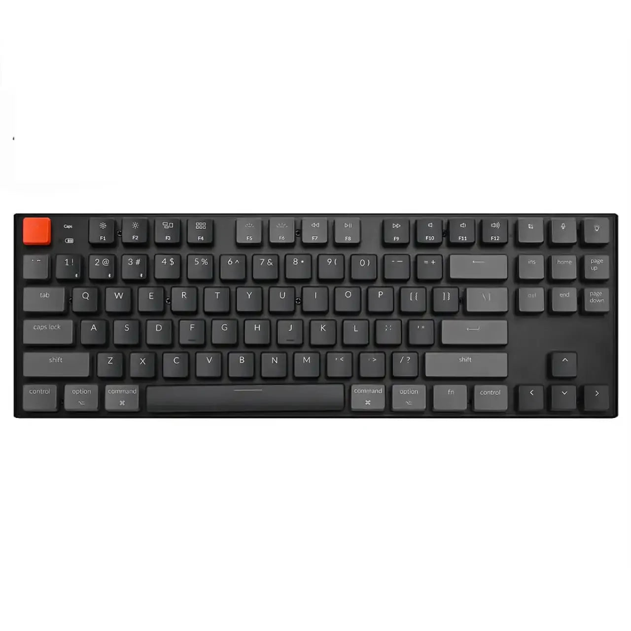 Klawiatura mechaniczna niskoprofilowa z czarnymi klawiszami, jeden pomarańczowy keycap.