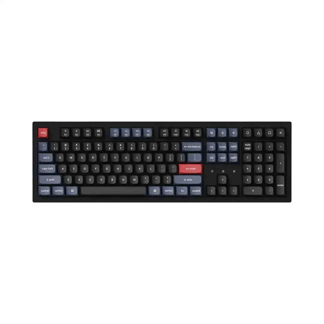 Klawiatura mechaniczna pełnowymiarowa z podświetleniem RGB, czarne i niebieskie klawisze, czerwone akcenty.