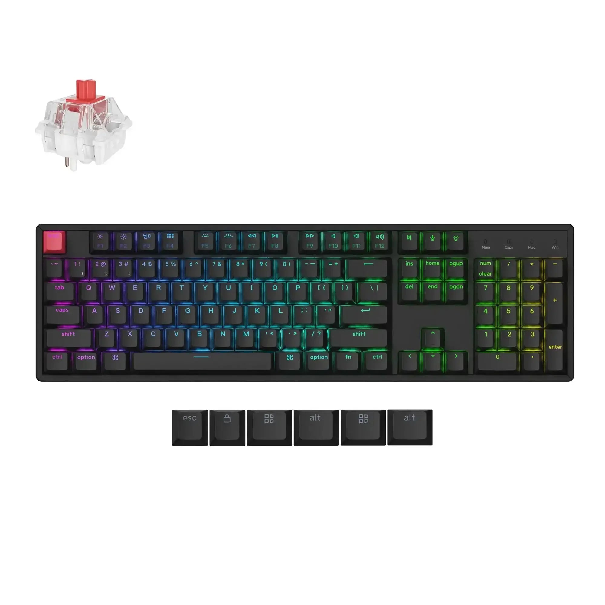 Bezprzewodowa klawiatura mechaniczna z podświetleniem RGB, czerwonym switchem i keycapami.