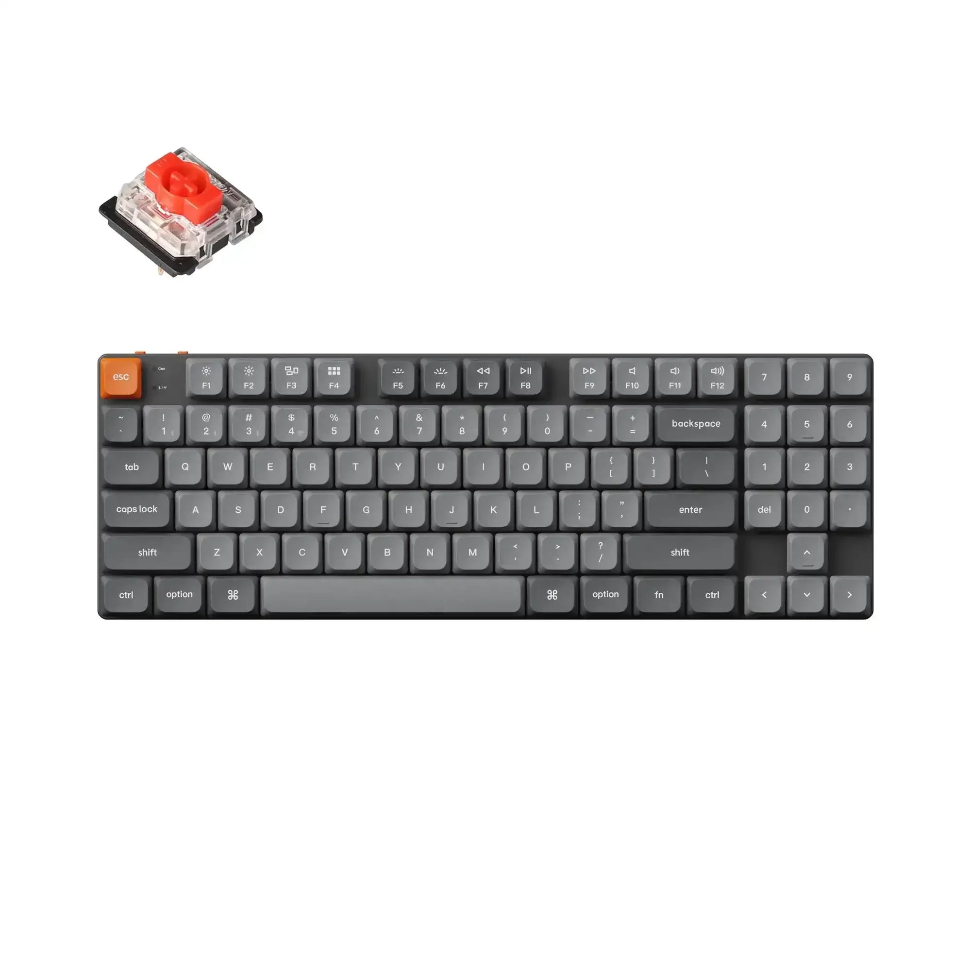 Klawiatura mechaniczna niskoprofilowa TKL z szarymi klawiszami i czerwonym switchem Gateron