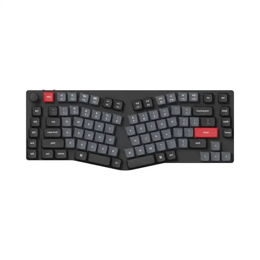Czarna ergonomiczna klawiatura mechaniczna z czerwonymi klawiszami esc i enter, widok z góry