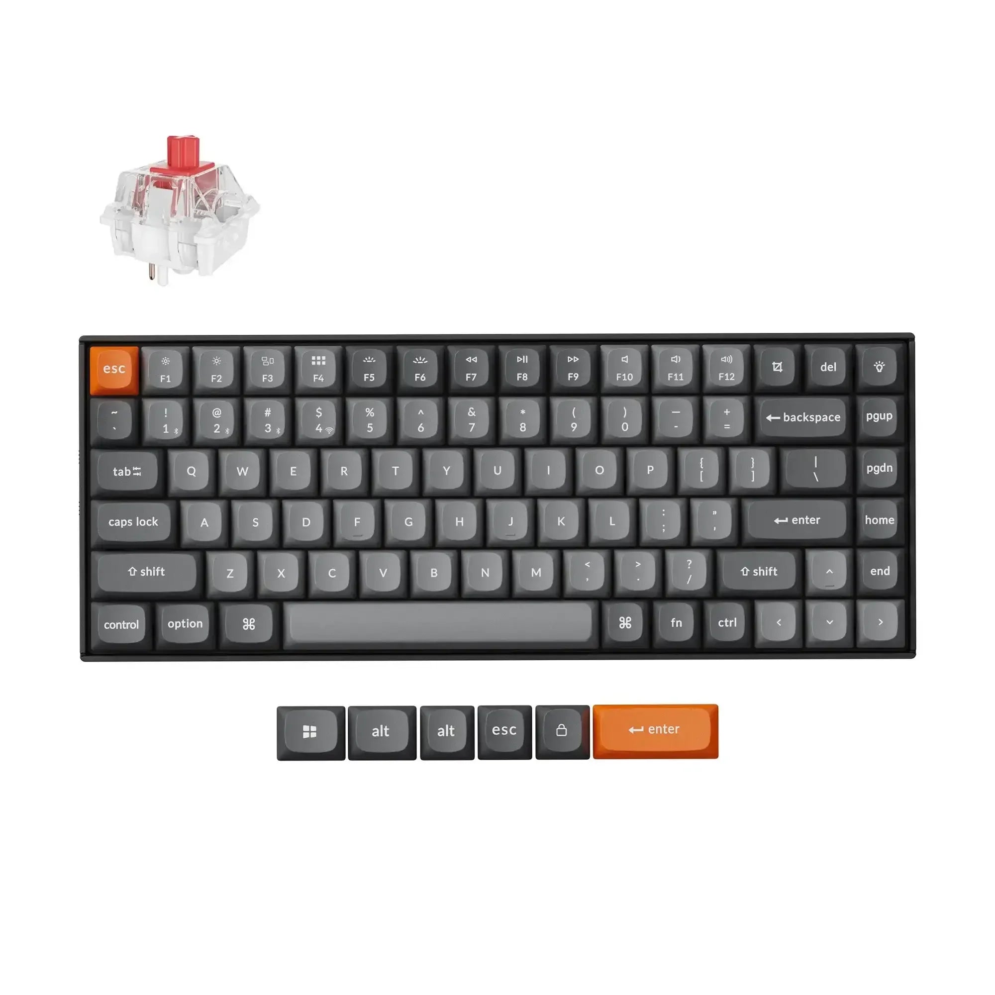 Klawiatura mechaniczna 75%, czarne i szare keycapy, kolorowe przyciski, switch czerwony.
