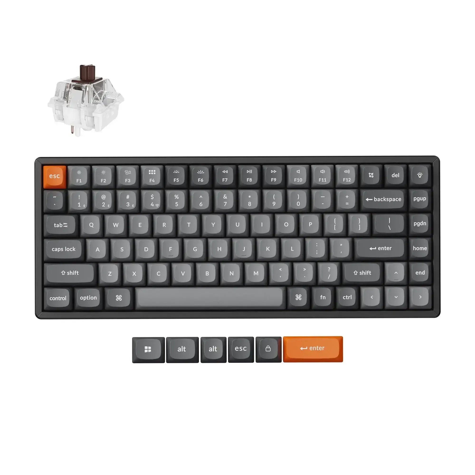 Czarna klawiatura mechaniczna 75%, podświetlana RGB, z dodatkowymi keycapami i brązowym switchem.