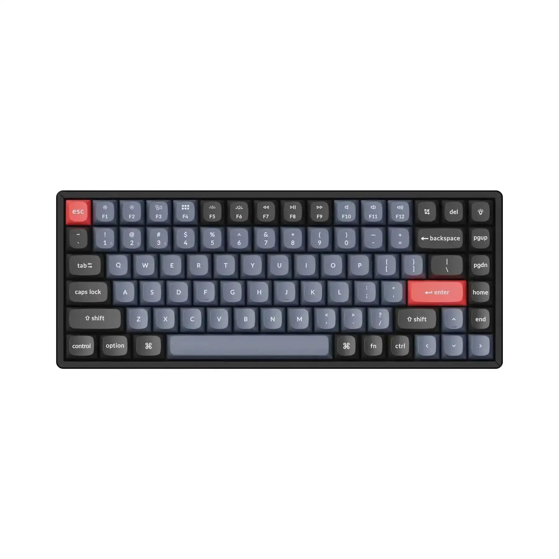 Klawiatura mechaniczna aluminiowa, niskoprofilowa, szaro-czarne keycapy, klawisze ESC i Enter czerwone.