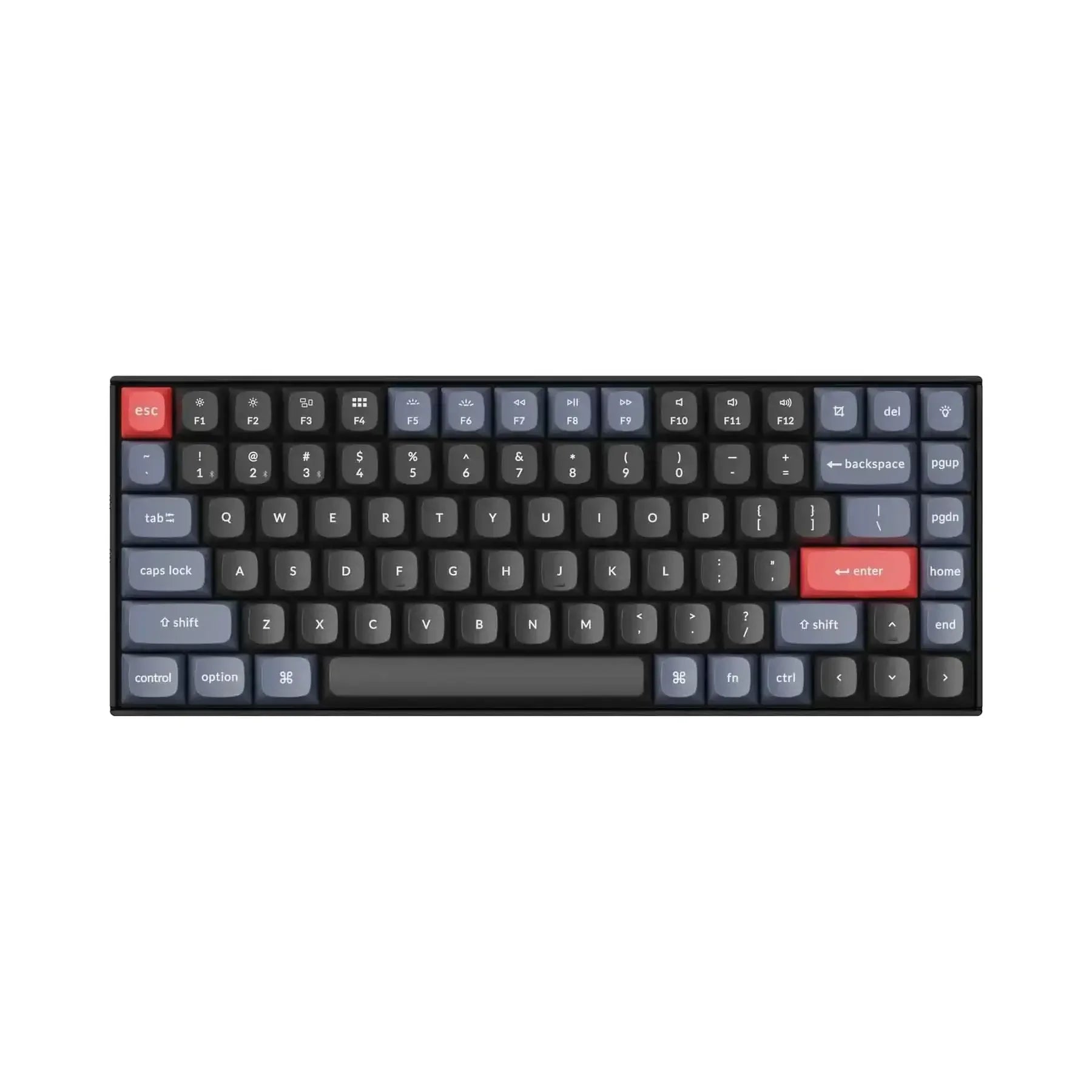 Klawiatura mechaniczna kompaktowa z kolorowymi keycapami, przyciski ESC i Enter w czerwonym kolorze.