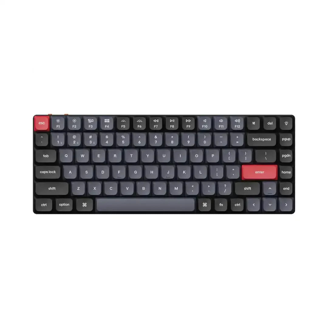 Niskoprofilowa klawiatura mechaniczna RGB z ciemnymi klawiszami i czerwonymi przyciskami esc i enter
