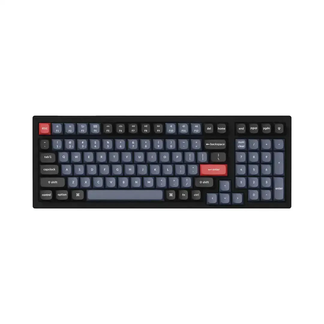 Klawiatura mechaniczna RGB z podświetleniem, czarne i szare keycapy, wybrane klawisze czerwone.