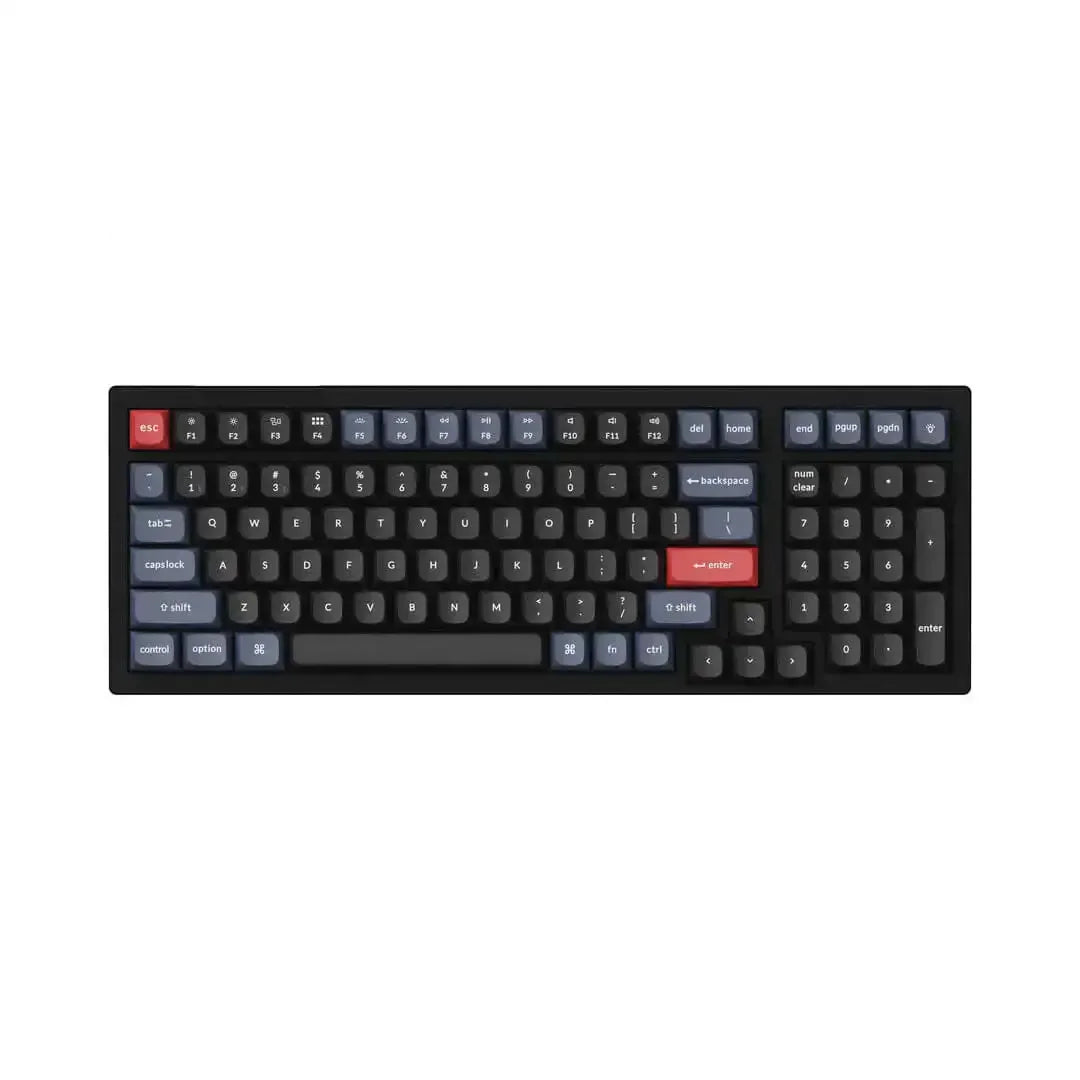 Klawiatura mechaniczna z ciemnymi keycapami, czerwonymi klawiszami Esc i Enter, układ 96%.