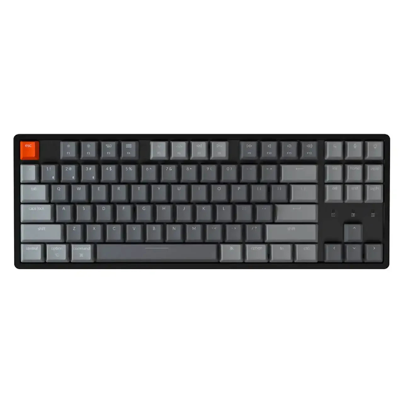 Mechaniczna klawiatura TKL z ciemnoszarymi klawiszami i pomarańczowym klawiszem ESC