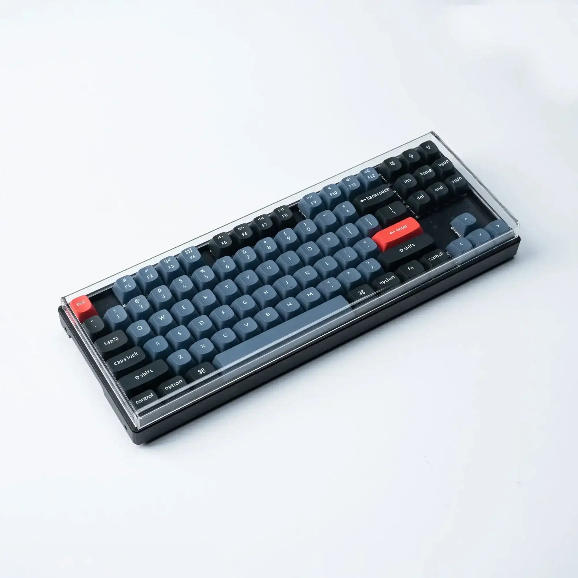 Klawiatura mechaniczna z osłoną przeciwkurzową, granatowe i czerwone keycapy, akcesorium biurowe