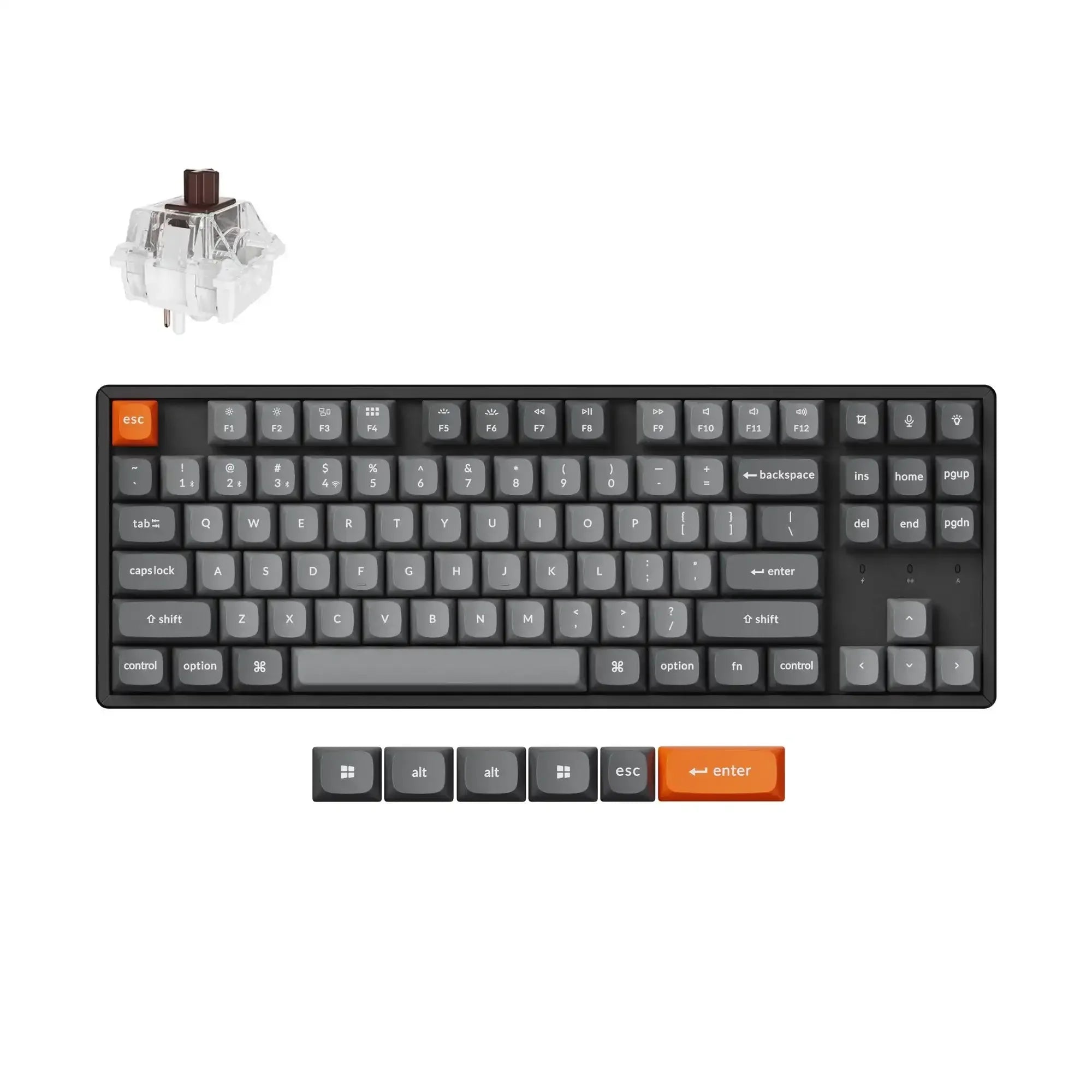 Klawiatura mechaniczna TKL z podświetleniem RGB, ciemnoszare keycapy, wymienne klawisze.