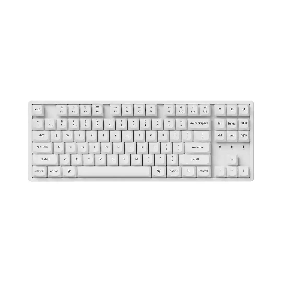 Srebrna klawiatura mechaniczna TKL z białymi keycapami, aluminiowa obudowa, klawisze multimedialne